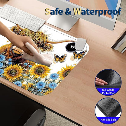 Heated Mouse Pad with 3 Temperature Settings(104°F–122°F),Large 24x14.2 Inch PU Leather Heated Desk Mat,Waterproof Warming Pad for Office,Gaming & Cold Hands Relief,Sunflower Cow