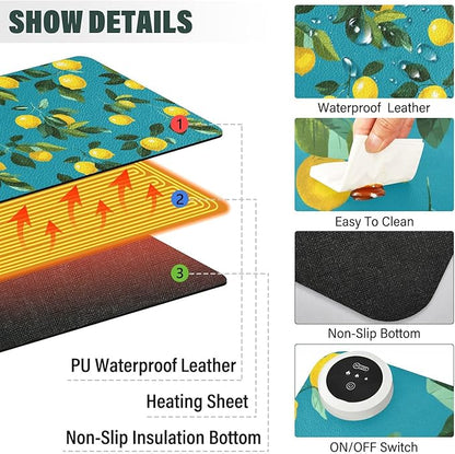 Heated Desk Pad Mouse Pad 31.5x13 Inch PU Leather Desk Mat with 3 Heat Levels Large Mouse Gaming Computer Laptop Mat Teal Lemons