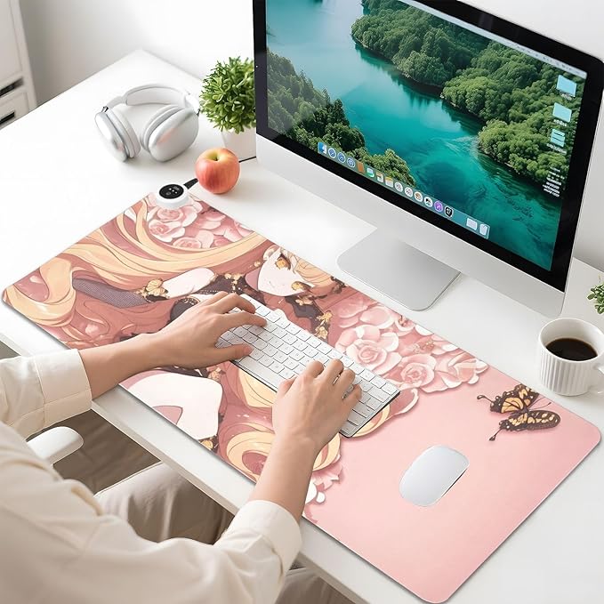 Large Heated Mouse Pad,Leather Desk Mat,31.5"x13",Hand Warmer Pads for Desk,Girl Butterfly(Glod Pink)