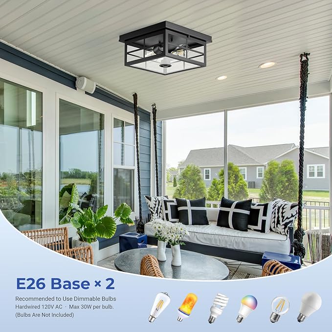 Motion Sensor Outdoor Ceiling Light with Remote, Distance and Time Adjustable Outside Flush Mount Ceiling Light, 5 Modes Porch Lights Outdoor Ceiling for Garage, Porch, Entryway, Black, Square