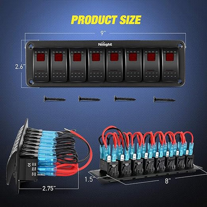 Nilight 8 Gang Rocker Switch Panel 5Pin On Off Toggle Aluminum Holder 12V 24V Dash Pre-Wired Red Backlit Switches for Automotive Cars Marine Boats RVs Truck