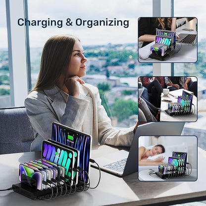 Unitek Multi USB Charging Station - 10 Ports Fast iPad Charging Dock with Type-C & 2 QC 3.0 Port, Charger Station Organizer for Multiple Devices Designed for iPhone, Kindle, Android, Tablets