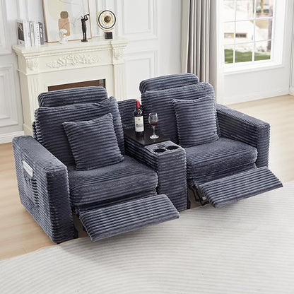 LEVNARY 2-Seater Modular Reclining Sofa with Center Console, Faux Rabbit Fur Power Recliner Loveseat with Cup Holders, USB Charging, Side Pockets & 2 Pillows, Living Room Furniture (Gray)