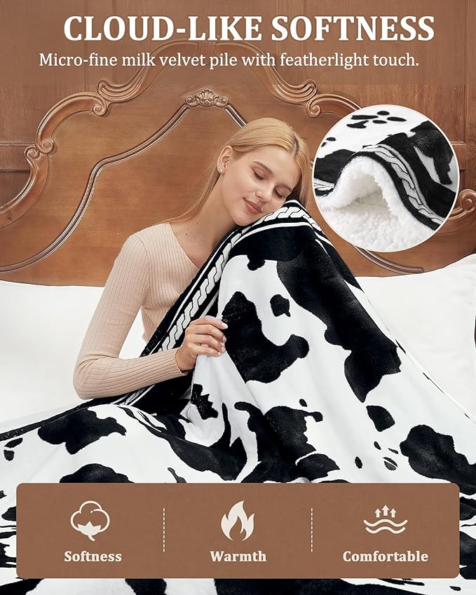CAROMIO Heated Electric Blanket Queen Size with LCD Dual Controller, Cow Print Heating Blankets, 10 Heat Levels & 1-12H Time Settings, ETL Certified, Machine Washable, Black White, 84" x 90"