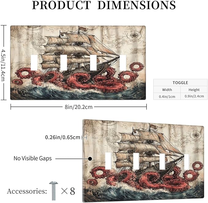 Light Switch Covers Vintage Octopus Ocean Sailboat Bizarre Adventure Quad Toggle 4 Gang Wall Plate Electrical Faceplate Decorative Switch Plates for Bathroom Kids room Decor