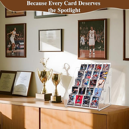2 Pack Elevated 5 Tier Clear Acrylic Card Display Stand for Trading Cards, Sports Cards, Greeting Cards, Stickers – Slanted Holder for PSA Slabs, Vendors, Collectors & Retail (5 Tier 2 Pack)