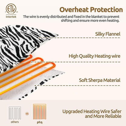 Electric Blanket Twin Size - Reversible Sherpa & Flannel, 62"× 84" Heated Throw Blanket with 6 Heat Settings & 1-12H Timer, Machine Washable, Warm Gift for Women, Tiger
