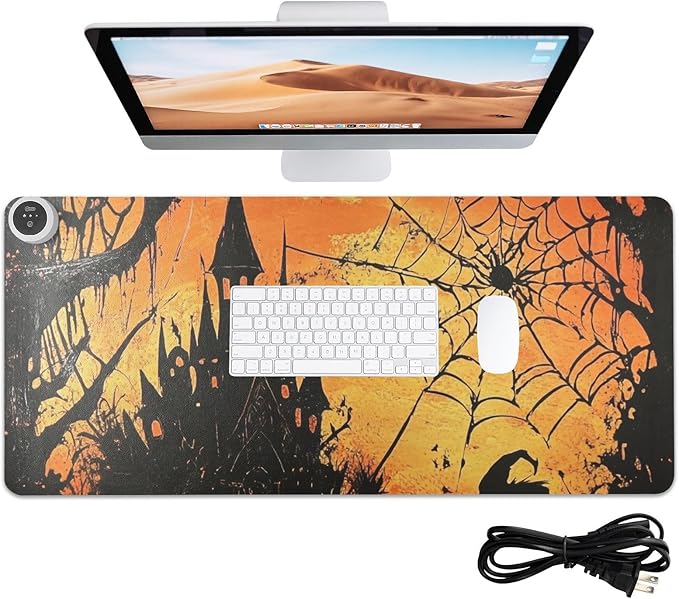 Heated Desk Pad Mouse Pad 31.5x13 Inch PU Leather Desk Mat with 3 Heat Levels Large Mouse Gaming Computer Laptop Mat Orange Witch Castle Halloween