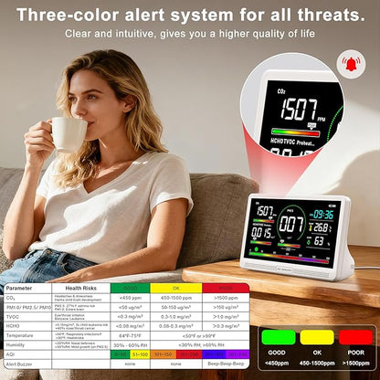 16 in 1 Air Quality Monitor Indoor 7" Display 9 AQI+7 AQI Alerts,Portable Air Quality Tester CO2, TVOC, PM2.5 PM1.0 PM10, HCHO Temperature Humidity AQI & Time Air Quality Meter for Home