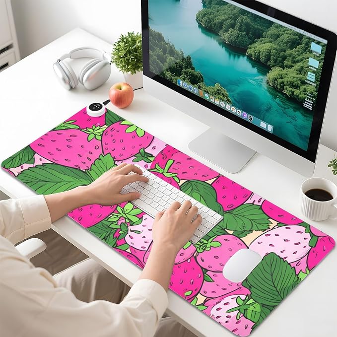 Heated Desk Pad Mouse Pad 31.5x13 Inch PU Leather Desk Mat with 3 Heat Levels Large Mouse Gaming Computer Laptop Mat Pink Cute Strawberries