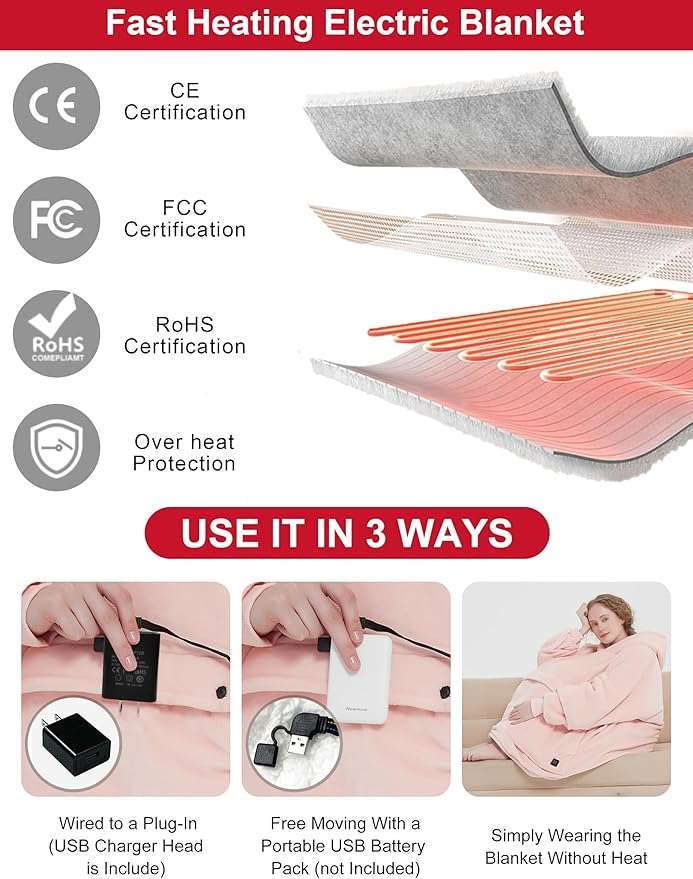 KFUBUO Heated Electric Wearable Blanket Throw Battery Operated Portable USB Cordless Outdoor Hoodie Sweatshirt