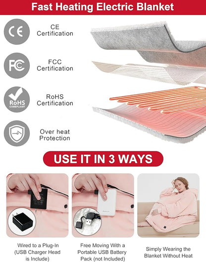 KFUBUO Heated Electric Wearable Blanket Throw Battery Operated Portable USB Cordless Outdoor Hoodie Sweatshirt