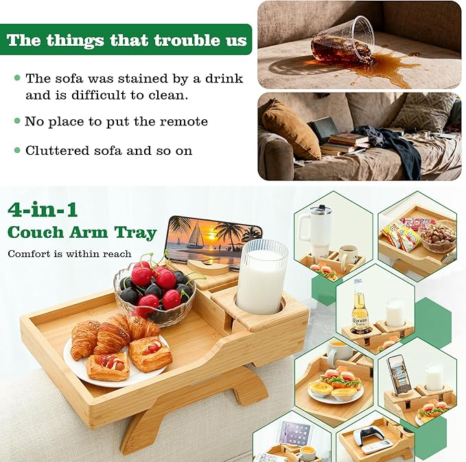 Bamboo Couch Cup Holder, 4 in 1 Couch Arm Trays with 360°Rotated Phone Holder, Non-Slip Clip on Side Table for Drinks/Remote/Snacks, Ideal Gift for Husband, Wife, Parents