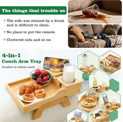 Bamboo Couch Cup Holder, 4 in 1 Couch Arm Trays with 360°Rotated Phone Holder, Non-Slip Clip on Side Table for Drinks/Remote/Snacks, Ideal Gift for Husband, Wife, Parents