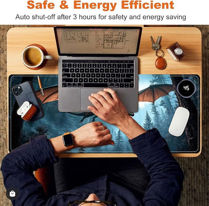 Heated Mouse Pad for Desk 31.5" x 13" – PU Leather Warm Desk Pad with 3 Heat Levels (104°F/113°F/122°F), Plug-in Electric Heating Mat with Auto Shut-Off, Waterproof & Rollable, Flying Dragon