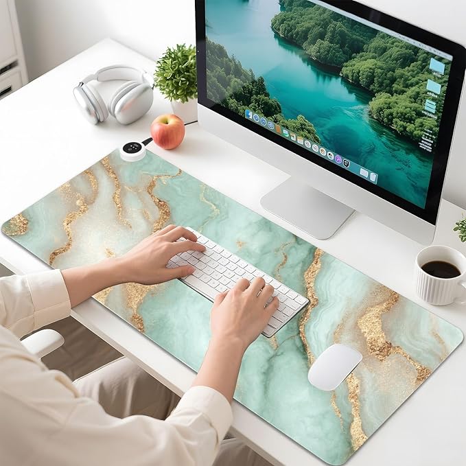 Heated Desk Pad Mouse Pad 31.5x13 Inch PU Leather Desk Mat with 3 Heat Levels Large Mouse Gaming Computer Laptop Mat Mint Green and Gold Marbletexture