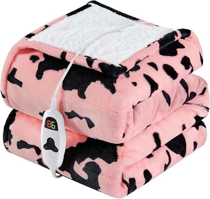 Cow Print Heated Electric Blanket Throw,50X60 Light Pink Heating Blanket with 10 Heats Levels & 8 Hours Auto Off,Highland Cow Stuff Fleece Sherpa Blankets Warmer Gifts for Women Adults Washable