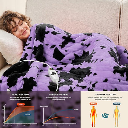 Cow Print Electric Heated Blanket Queen Size,84X90 Purple Heating Blanket Queen With Dual Control&Timer&10 Heat Levels,Highland Cow Decor Fleece Sherpa Blankets Warmer Gifts for Bed Women Adults
