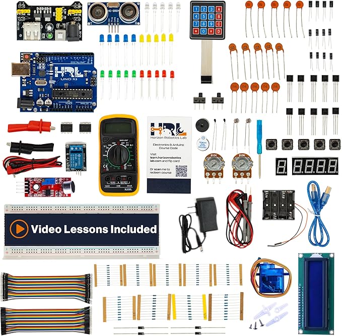 Horizon Uno Electronics Starter Kit with Video Lessons – Arduino-Compatible Board, Sensors, LEDs, Servos & More – Learn Electronics & Coding for Beginners