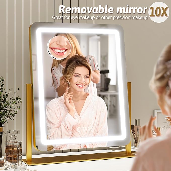 ROLOVE Vanity Mirror with Lights, 18"x22" LED Makeup Mirror with 10X Magnification, Smart Touch 3 Colors Dimmable, Light Up Mirror for Makeup Desk, 360° Rotation, Gold