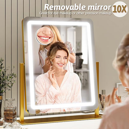 ROLOVE Vanity Mirror with Lights, 18"x22" LED Makeup Mirror with 10X Magnification, Smart Touch 3 Colors Dimmable, Light Up Mirror for Makeup Desk, 360° Rotation, Gold