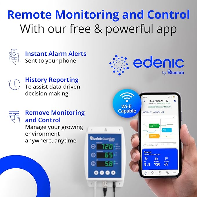 Bluelab Guardian Monitor Inline Wi-Fi for Real-time pH, Temperature, and Conductivity (TDS/PPM) Measurements in Water with Calibration, 3-1 Digital Nutrient Meter for Inline Dosing Systems