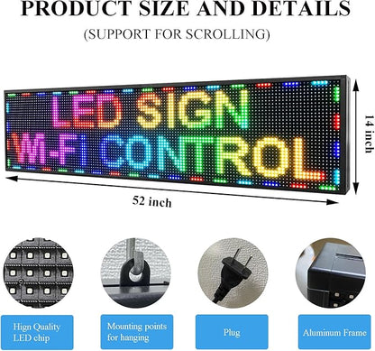 P10 Outdoor Led Sign 52”x14” RGB Full Color WiFi Programmable Bright LED Scrolling Message Display Board, Perfect Solution for Advertising