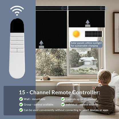Boolegon Motorized Roller Blinds - 100% Blackout Smart Electric Shades with Remote, Compatible with Alexa/Google Home/HomeKit via Hub, Easy Install for Home Office, Black, Custom Size.