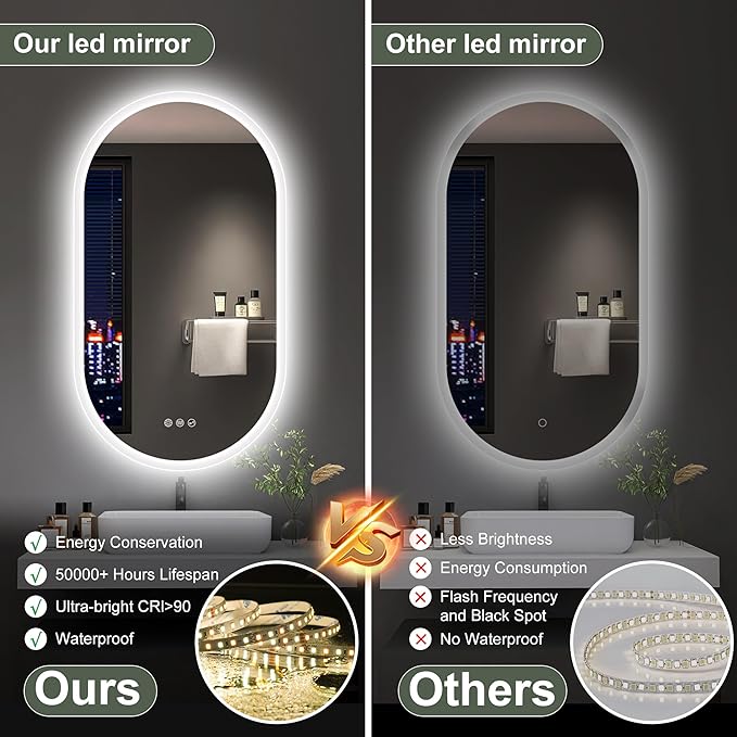 S'bagno 2pcs 20x36 Oval LED Bathroom Mirror with Lights, Anti-Fog, Bluetooth Speaker, 3 Colors Temperature & Dimmable, Lighted Mirrors for Bathroom Wall with Memory Function, Waterproof, Shatter-Proof