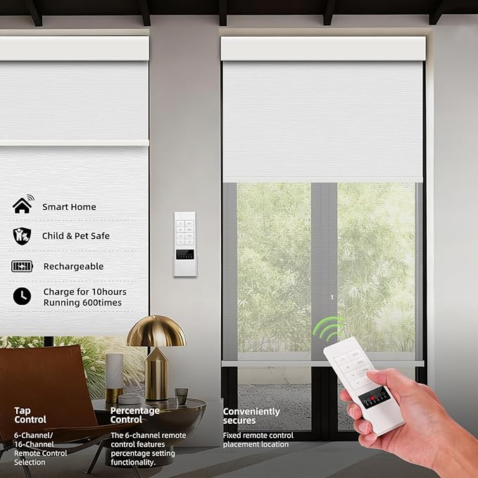 ZSTARR Motorized Day and Night Dual Smart Blind for Window with Valance Rechargeable Motor,Blackout Roller Shade Custom Size,with Valance Suitable for Home,Office (Full Blackout White)