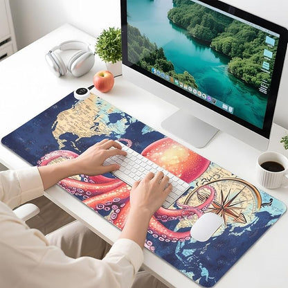 Heated Desk Pad Mouse Pad 31.5x13 Inch PU Leather Desk Mat with 3 Heat Levels Large Mouse Gaming Computer Laptop Mat Blue World Map and Octopus