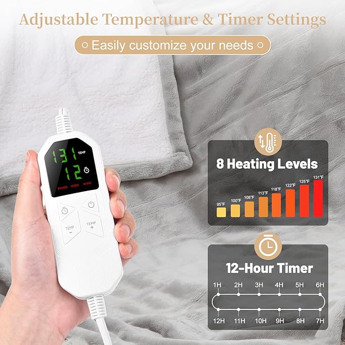 Electric Heated Blanket Twin 62" x 84", Soft Plush Flannel & Sherpa Electric Blanket with 8 Heat Settings, 1-12H Auto-Off, Fast & Even Heating, Machine Washable, Ideal for Home & Office, Light Gray