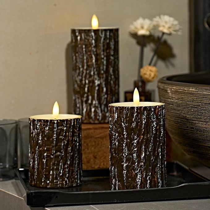 Comenzar Flameless Candles Battery Operated Candles Pine Bark Effect Real Candle Flickering 3D Wick Electric Home Decor Festival LED Candle with Timer 3Pack
