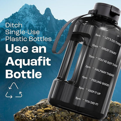 AQUAFIT 128 oz Water Bottle with Time Marker - Straw & Chug Lid - BPA Free 1 Gallon Gym Water Bottle with Handle - Big Gallon Jug (Gray, 128 Ounces)