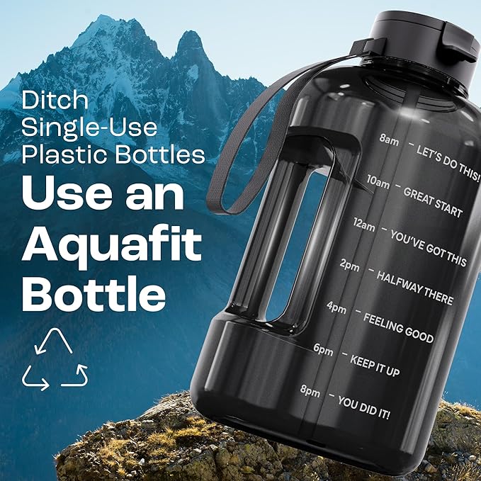 AQUAFIT 128 oz Water Bottle with Time Marker - Straw & Chug Lid - BPA Free 1 Gallon Gym Water Bottle with Handle - Big Gallon Jug (Midnight Gray, 128 Ounces)