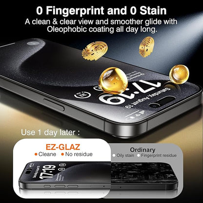 EZ-GLAZ-4 Pack for iPhone 15 Pro Privacy Screen Protector(6.1'') With [2 Pcs Camera Lens Protector], Anti-Spy, 9H Hardness, Drop-Resistant, Case Friendly, Anti-Scratch & EZ-To-Install Tempered Glass