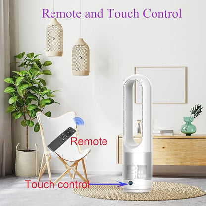 Bladeless Heater and Fan Combo, 1400 Watt Electric Heater and 40 Watt Cooling Fan, 80° Oscillation, All the Season Use, Remote and Touch Control, Office Room, Bedroom Indoor Use, Silver White