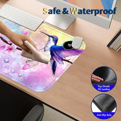 Heated Mouse Pad with 3 Temperature Settings(104°F–122°F),Large 24x14.2 Inch PU Leather Heated Desk Mat,Waterproof Warming Pad for Office,Gaming & Cold Hands Relief,Hummingbird Cherry Bloom