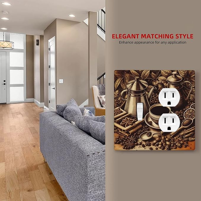 Decorative Outlet Covers Vintage Coffee Beans Leaf Cup 2 Gang Wall Plate Cover Single Toggle Duplex Combo Two Switch Light Switch Cover Plate Jumbo Dual GFCI Faceplate
