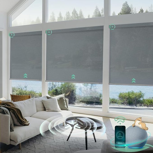 Yoolax Smart Blinds, Motorized Matter Solar Shades Flame Resistat Automatic Blinds for Windows Motorized Shades Compatible with Alexa, Google Home, Homekit(Solar-3% Openness Twilight Gray)