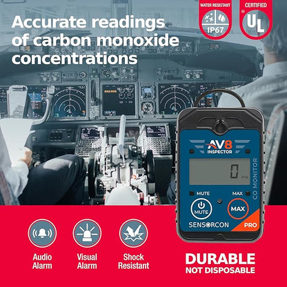 AV8 Inspector Pro Portable Carbon Monoxide Detectors for Aviation – Professional-Grade Carbon Monoxide Monitor with Visual, Audio and Vibration Alarms