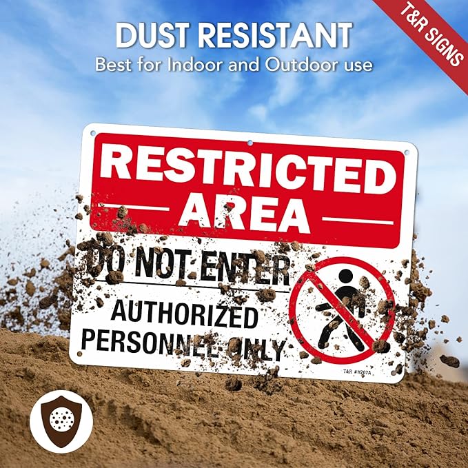 T&R Large Restricted Area Do Not Enter Authorized Personnel Only Sign - 4 Pack - 14 x 10 Inches Rust Free .040 Aluminum - UV Protected, Waterproof, Weatherproof and Fade Resistant - 6 Pre-drilled Holes