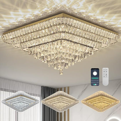 Elegant LED Gold Crystal Raindrop Ceiling Light,30 Inch Square Flush Mount Chandelier with Remote for Living Room Kitchen Island Bedroom Hallway Entryway Foyer (Dimmable)