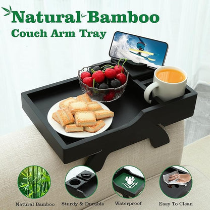 Couch Cup Holder Tray, 15.4"x9.9" Large 4 in 1 Couch Arm Tray with 360°Rotated Phone Holder, Non-Slip Clip on Side Table for Drinks/Remote/Snacks, Ideal Gift for Husband, Wife, Parents
