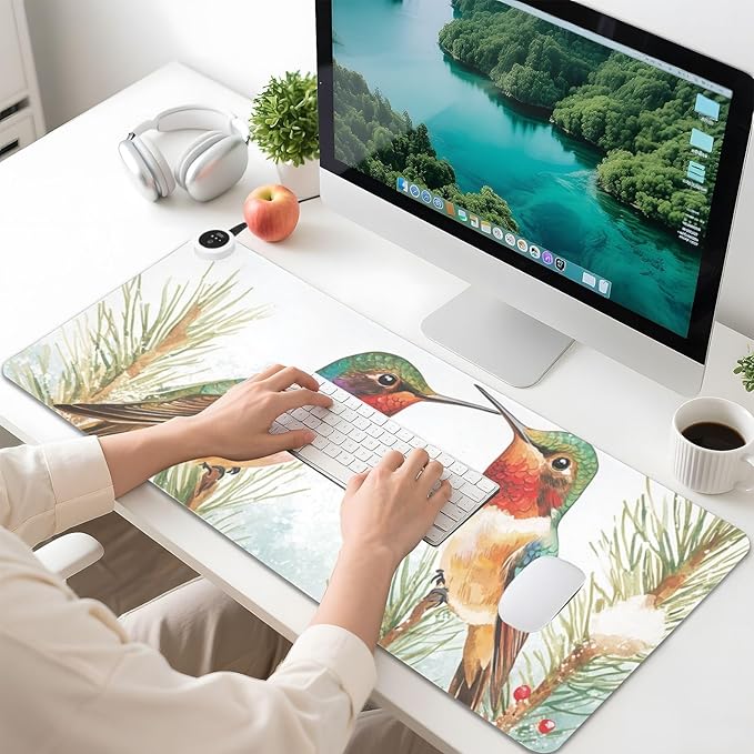 Heated Desk Pad Mouse Pad 31.5x13 Inch PU Leather Desk Mat with 3 Heat Levels Large Mouse Gaming Computer Laptop Mat Cartoon Hummingbirds and Pine Tree