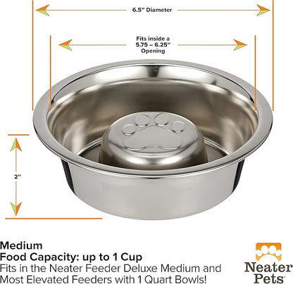 Neater Pet Brands Stainless Steel Slow Feed Dog Bowl for Fast Eating Medium Breed, Metal Slow Feeder Dog Bowl Fits in Medium Neater Feeder Deluxe, for Puppy or Dogs (19-40 lbs), 1 Cup Food Capacity