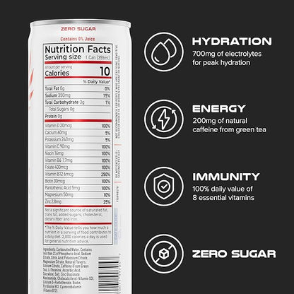 PHX Hydration Energy Drink - 700mg Electrolytes, 200mg Natural Green Tea Caffeine, 100% Daily Value 8 Essential Vitamins - 12 oz Cans (12 Pack) (12 Pack, Watermelon Lime)