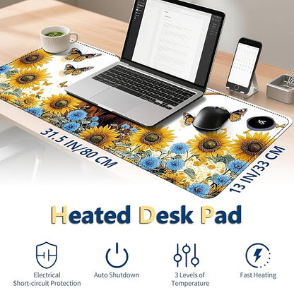 Heated Mouse Pad with 3 Temperature Settings(104°F–122°F),Large 31.5x13 Inch PU Leather Heated Desk Mat,Waterproof Warming Pad for Office,Gaming & Cold Hands Relief,Sunflower Cow