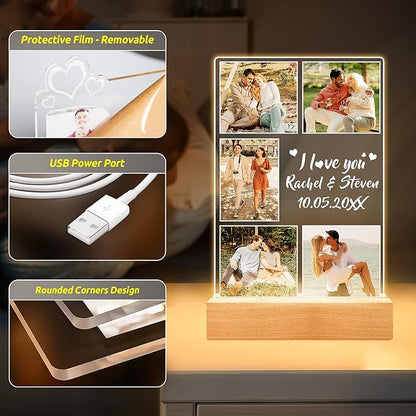 Custom Picture Frame with Photo, Customized Photo Frame with Night Light, Personalized Boyfriend Girlfriend Gifts for Couples, Personalized Anniversary Valentines Day Gifts for Women Men Her Him Wife