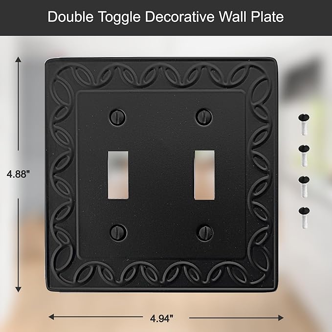 Double Toggle Light Switch Cover NovaBloom Metal Wall Plate, 2-Pack Black 2 Gang, Light Switch Cover Decorative Wallplate, Durable